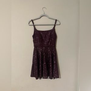 spaghetti strap plum sequined mini dress